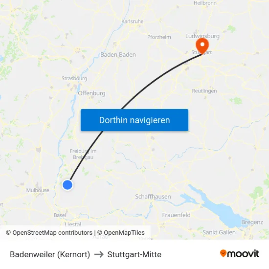 Badenweiler (Kernort) to Stuttgart-Mitte map