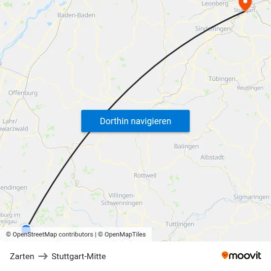 Zarten to Stuttgart-Mitte map