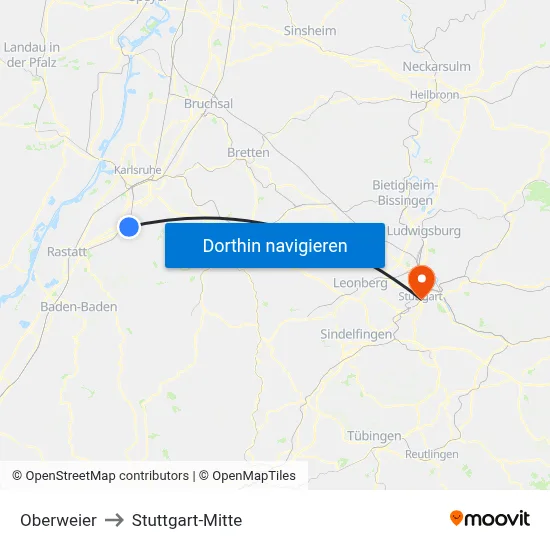Oberweier to Stuttgart-Mitte map
