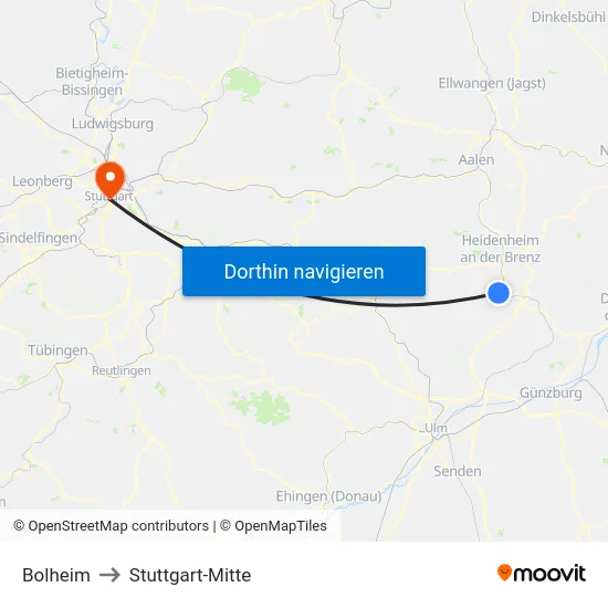 Bolheim to Stuttgart-Mitte map