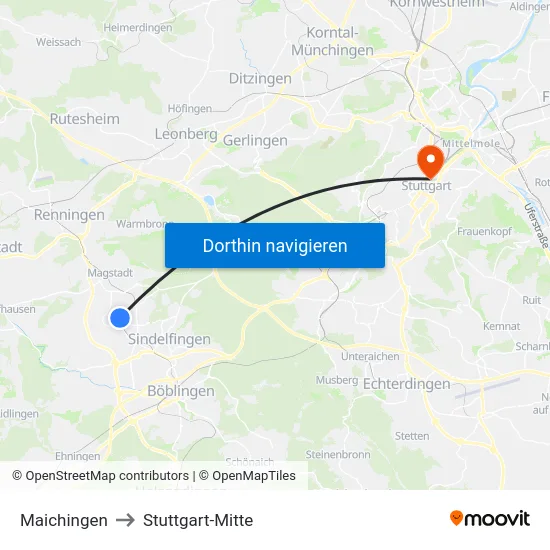 Maichingen to Stuttgart-Mitte map