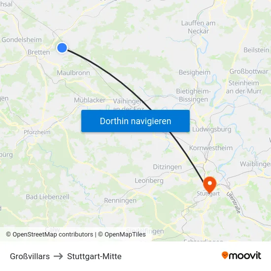 Großvillars to Stuttgart-Mitte map
