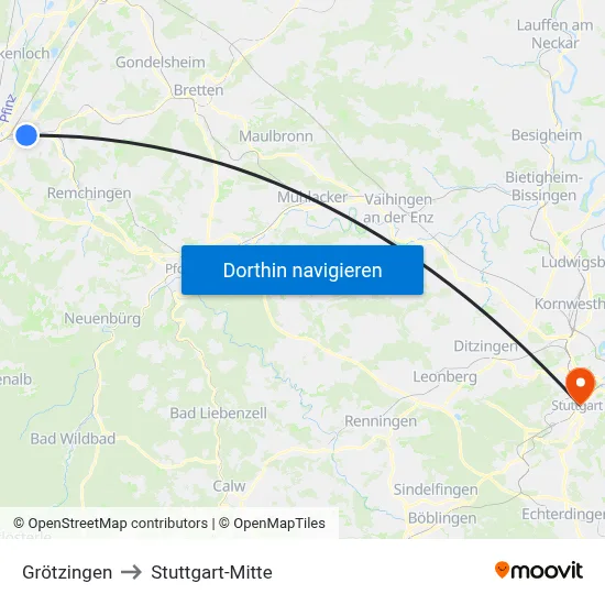 Grötzingen to Stuttgart-Mitte map