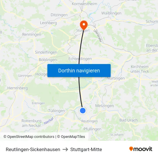 Reutlingen-Sickenhausen to Stuttgart-Mitte map