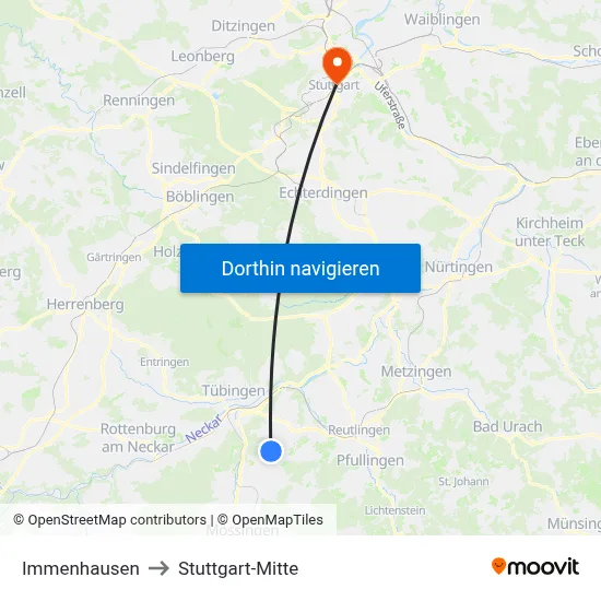 Immenhausen to Stuttgart-Mitte map