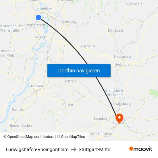 Ludwigshafen-Rheingönheim to Stuttgart-Mitte map