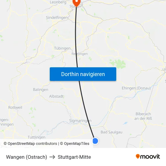 Wangen (Ostrach) to Stuttgart-Mitte map