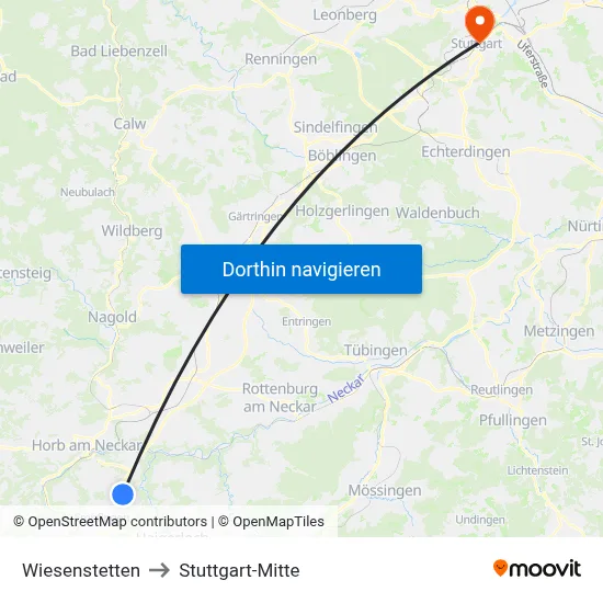 Wiesenstetten to Stuttgart-Mitte map