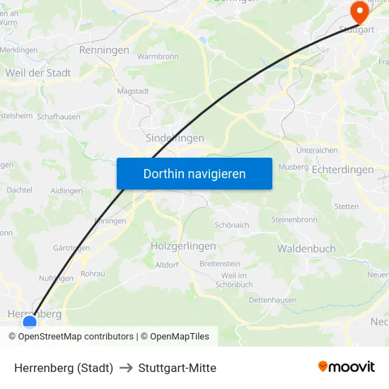 Herrenberg (Stadt) to Stuttgart-Mitte map