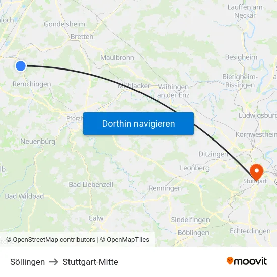 Söllingen to Stuttgart-Mitte map