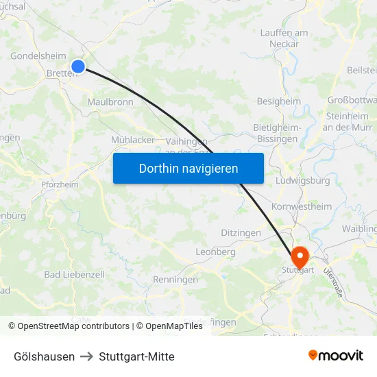Gölshausen to Stuttgart-Mitte map
