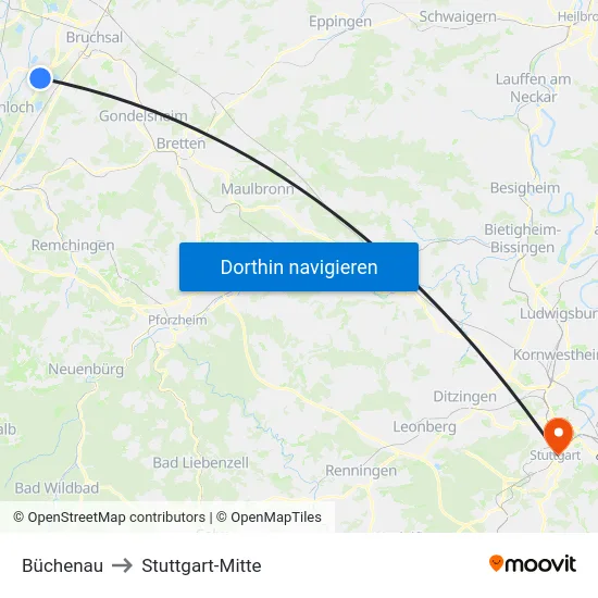 Büchenau to Stuttgart-Mitte map