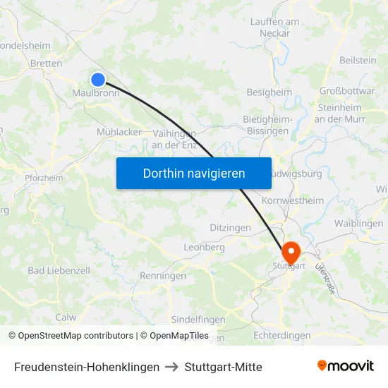 Freudenstein-Hohenklingen to Stuttgart-Mitte map