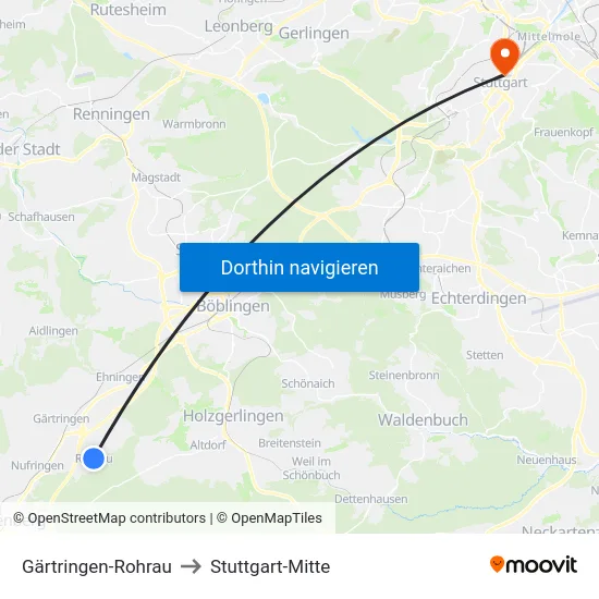 Gärtringen-Rohrau to Stuttgart-Mitte map