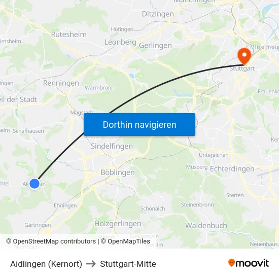 Aidlingen (Kernort) to Stuttgart-Mitte map