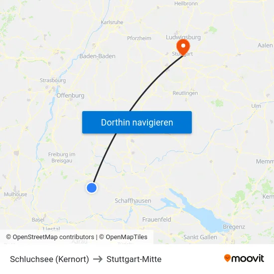 Schluchsee (Kernort) to Stuttgart-Mitte map