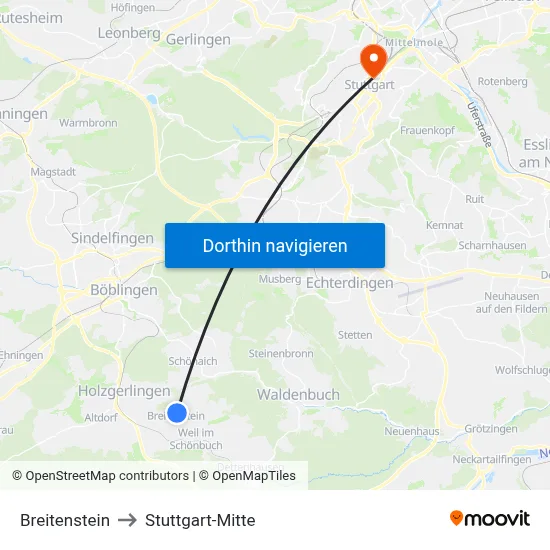 Breitenstein to Stuttgart-Mitte map