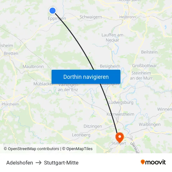 Adelshofen to Stuttgart-Mitte map