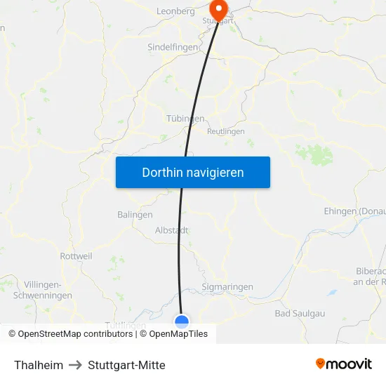 Thalheim to Stuttgart-Mitte map
