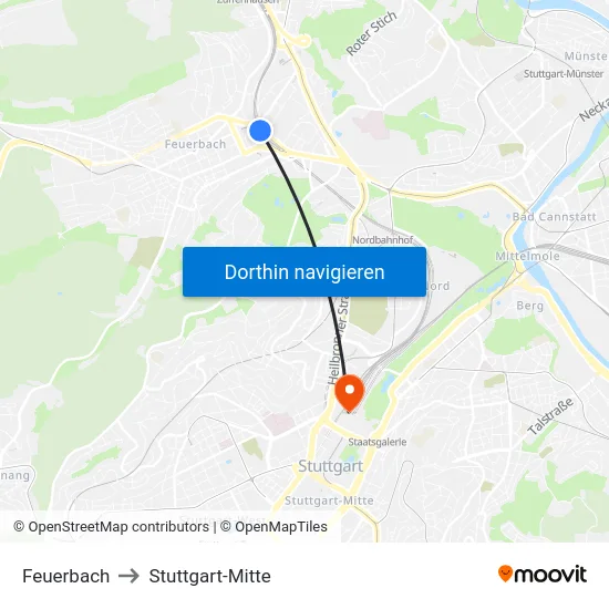 Feuerbach to Stuttgart-Mitte map