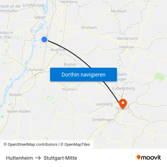 Huttenheim to Stuttgart-Mitte map