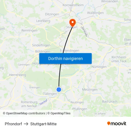 Pfrondorf to Stuttgart-Mitte map