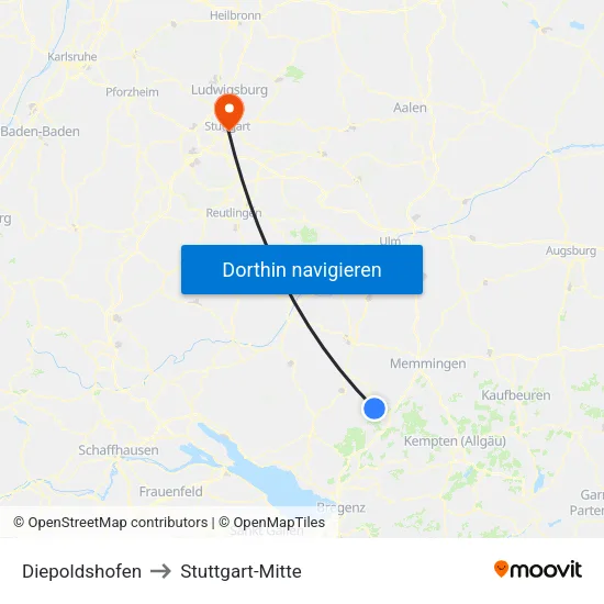 Diepoldshofen to Stuttgart-Mitte map