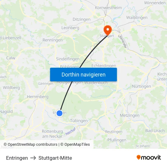 Entringen to Stuttgart-Mitte map