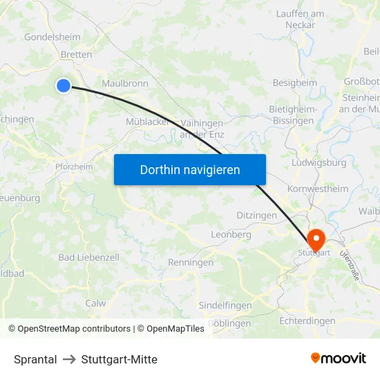 Sprantal to Stuttgart-Mitte map