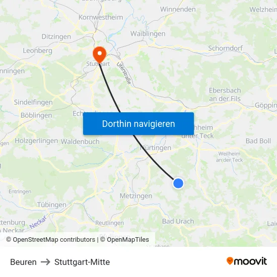Beuren to Stuttgart-Mitte map