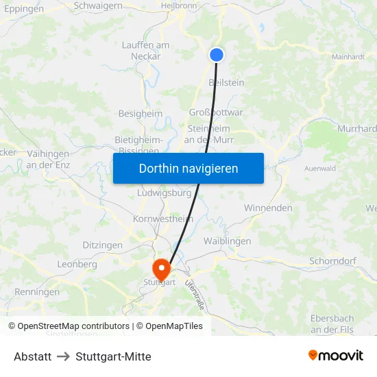 Abstatt to Stuttgart-Mitte map