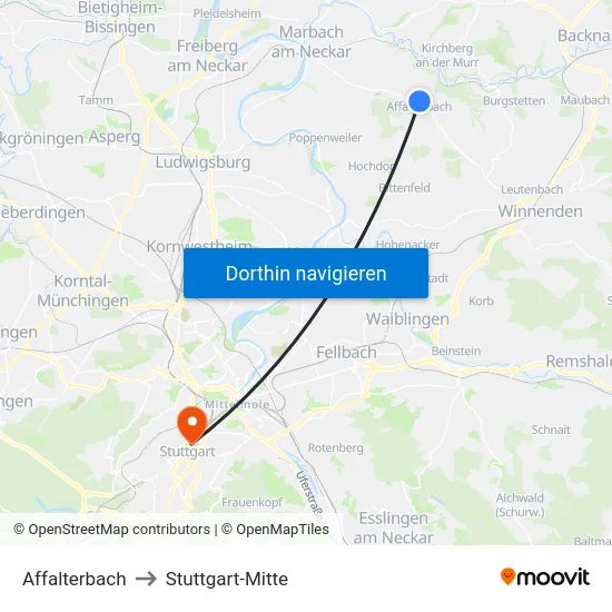 Affalterbach to Stuttgart-Mitte map