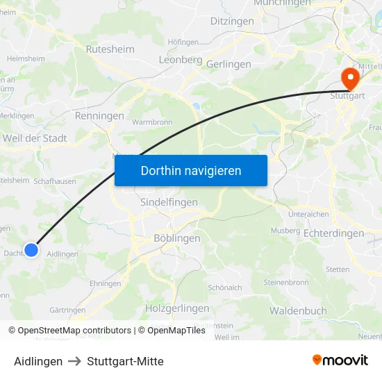 Aidlingen to Stuttgart-Mitte map