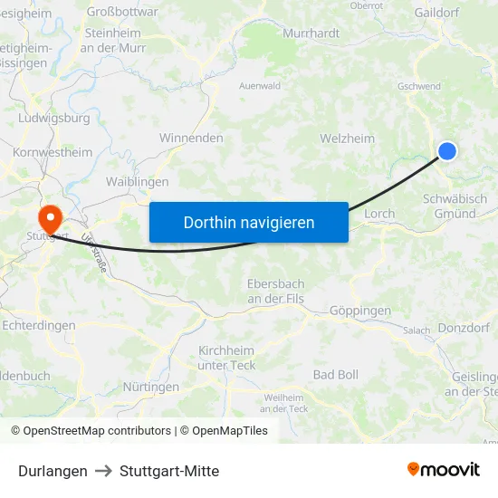Durlangen to Stuttgart-Mitte map