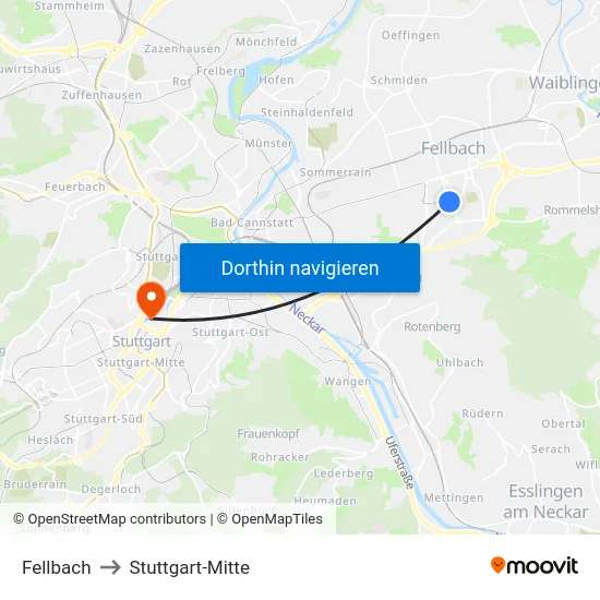 Fellbach to Stuttgart-Mitte map