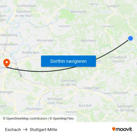 Eschach to Stuttgart-Mitte map