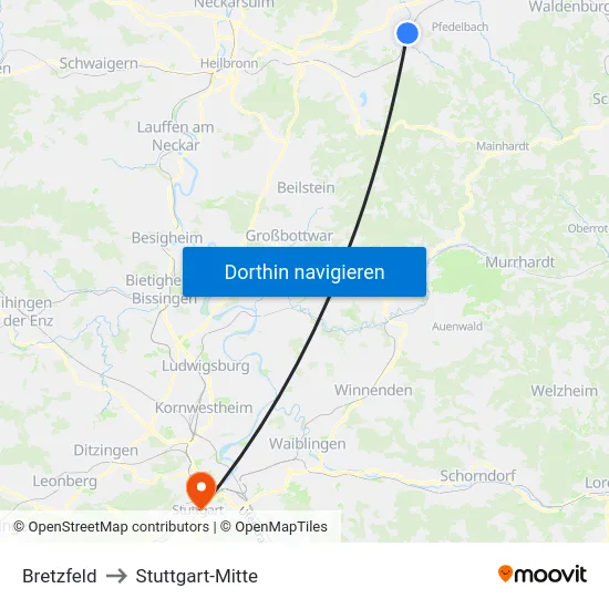 Bretzfeld to Stuttgart-Mitte map