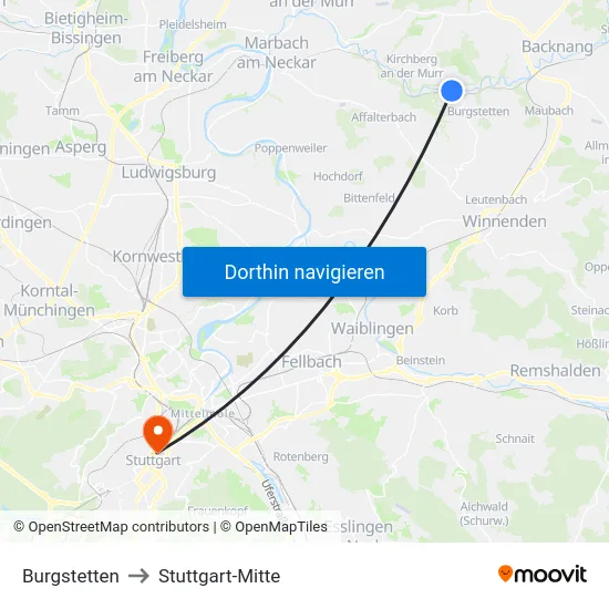 Burgstetten to Stuttgart-Mitte map