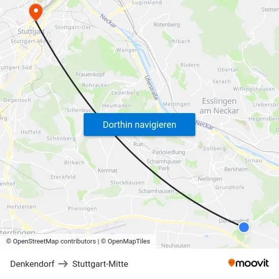 Denkendorf to Stuttgart-Mitte map