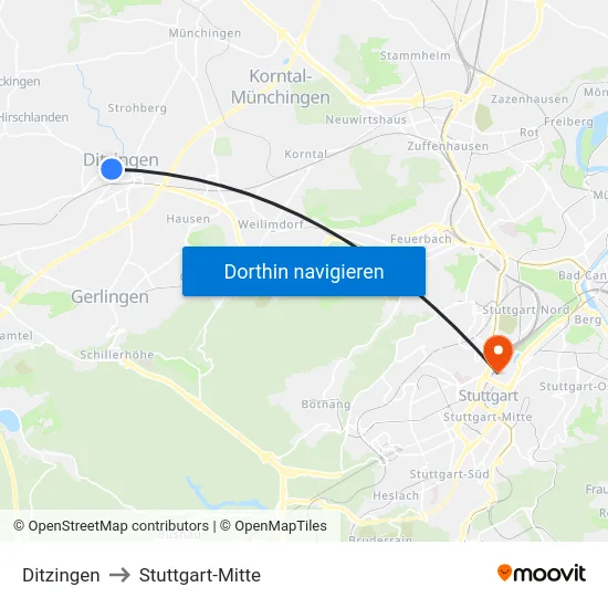 Ditzingen to Stuttgart-Mitte map