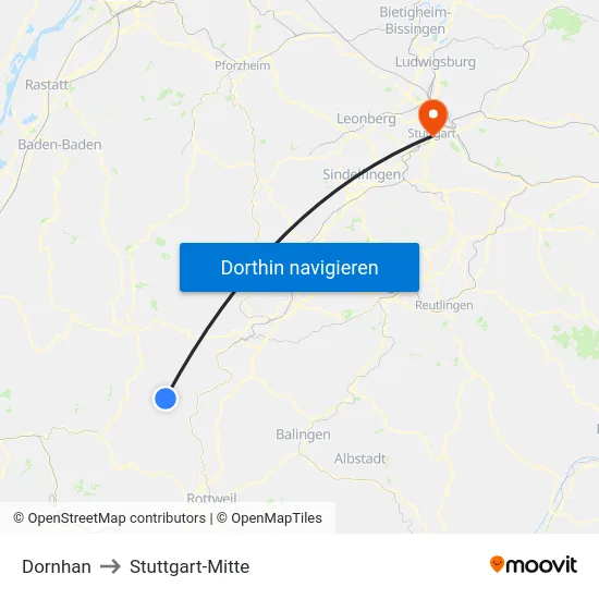 Dornhan to Stuttgart-Mitte map