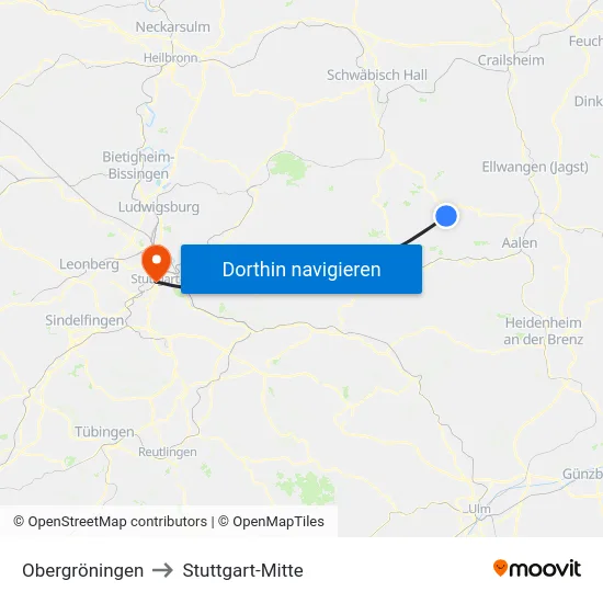 Obergröningen to Stuttgart-Mitte map