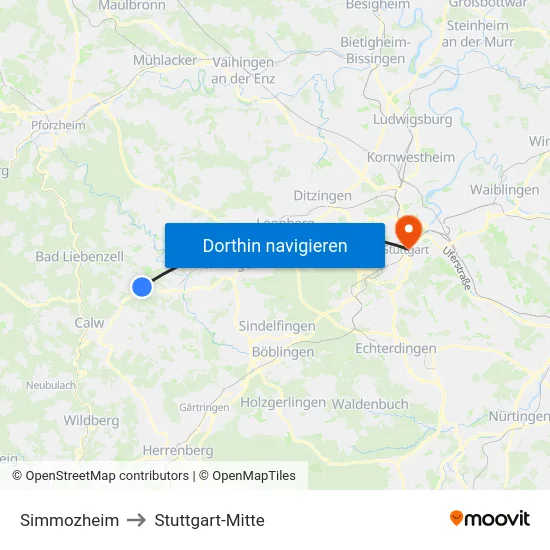Simmozheim to Stuttgart-Mitte map