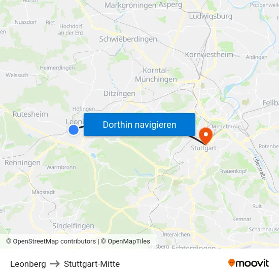 Leonberg to Stuttgart-Mitte map