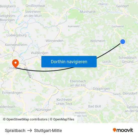 Spraitbach to Stuttgart-Mitte map