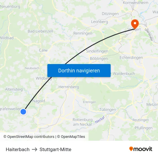 Haiterbach to Stuttgart-Mitte map