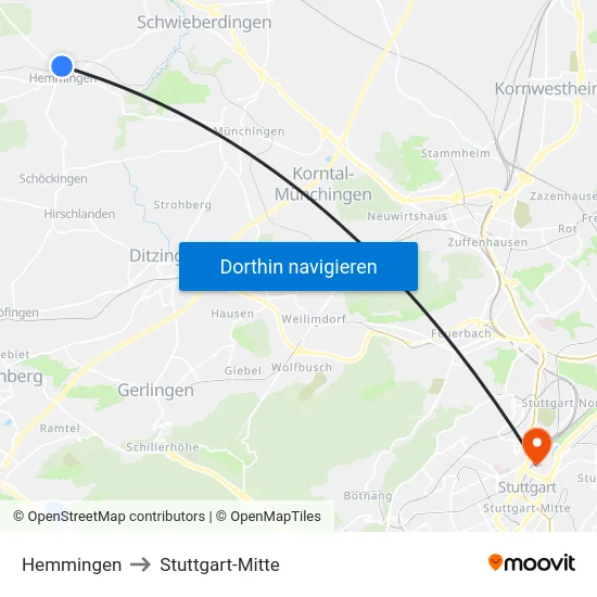 Hemmingen to Stuttgart-Mitte map