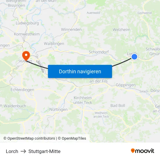 Lorch to Stuttgart-Mitte map
