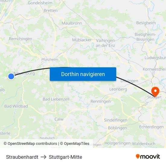 Straubenhardt to Stuttgart-Mitte map
