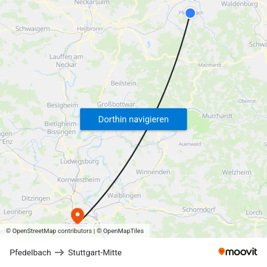 Pfedelbach to Stuttgart-Mitte map